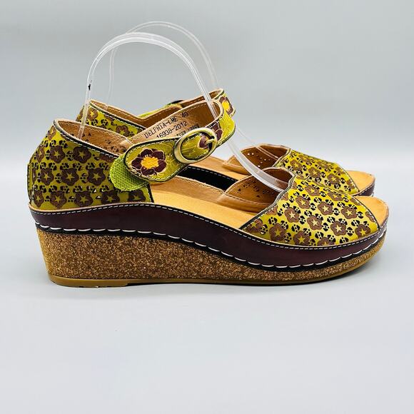 Spring Step L'Artiste Sandals Women 9.5 Green Leather Delphia Wedge Floral Strap - Picture 2 of 11